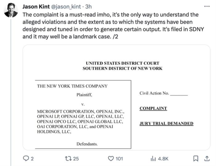 OpenAI微软被起诉!《纽约时报》指控AI侵权,要求销毁侵权模型和训练数据