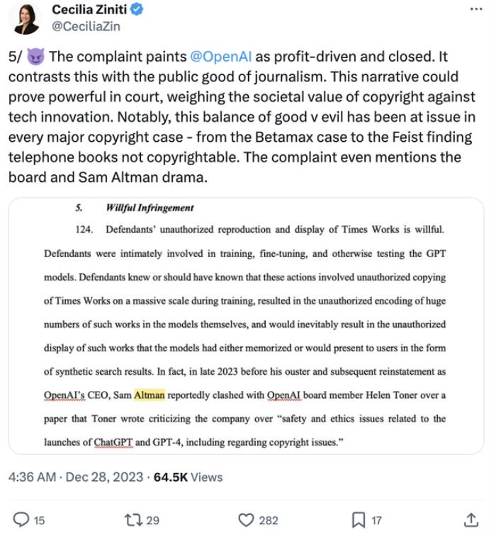 OpenAI微软被起诉!《纽约时报》指控AI侵权,要求销毁侵权模型和训练数据