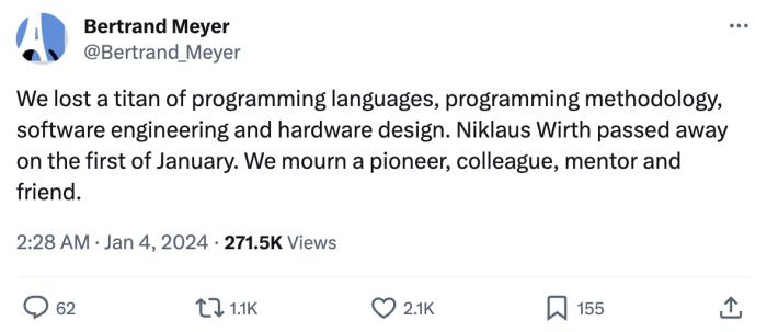 图灵奖得主Niklaus Wirth逝世,从Euler到Pascal,一代编程巨星陨落
