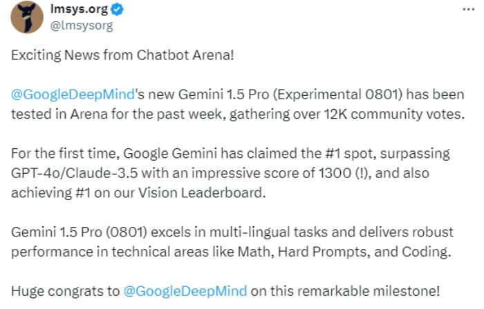 新王登基，Gemini 1.5 Pro再度更新，超越GPT 4o和Claude-3.5