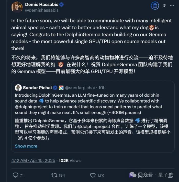 海豚语言被谷歌大模型破译!跨物种交流大门打开,哈萨比斯:下一个是狗